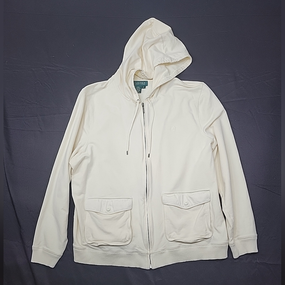 Lauren Ralph Lauren Women's Sweatshirt Hoodie Full Zip Cream Sz 2XL